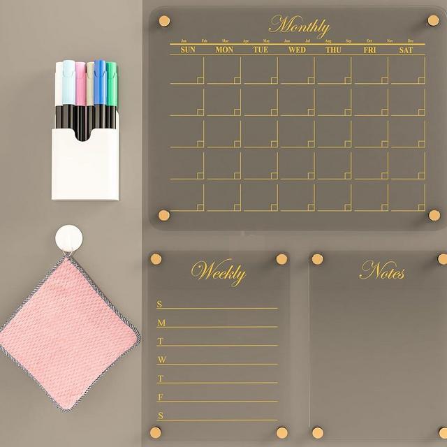Luxury Acrylic Magnetic Calendar for Refrigerator | Acrylic Calendar for Fridge 12"x16" | 3 Fridge Calendars with Gold Magnets (Monthly, Weekly, and General Notes) | Acrylic Calendar for Wall