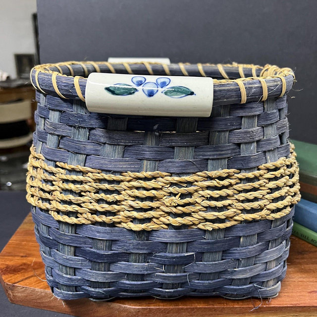 Vintage Large Blue Gathering Basket with Ceramic Hand Painted Blueberry Handles