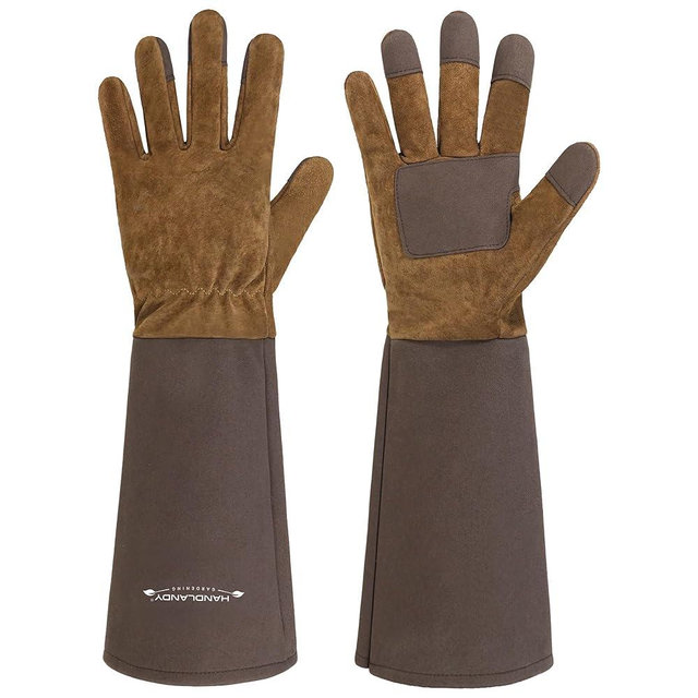 HANDLANDY Long Gardening Gloves for Men & Women, Pigskin Leather Rose Pruning Gloves- Breathable & Durable Gauntlet Glove (X-Large, Brown)
