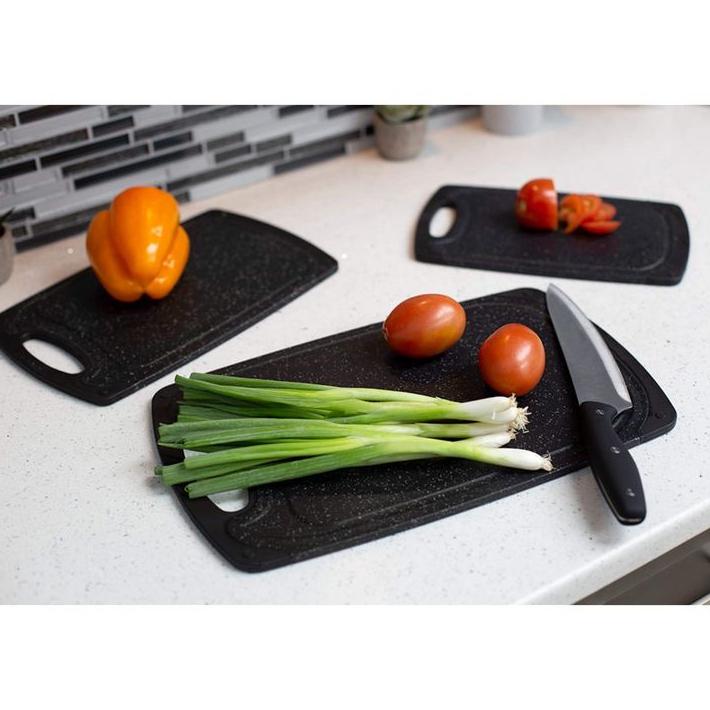 Cutting Board Set for Kitchen, 3 Piece, Dishwasher Safe, Food Safe Plastic Material, Marble Appearance, BPA Free, Non-Porous, Easy Grip Handle (Set of Three, Black)