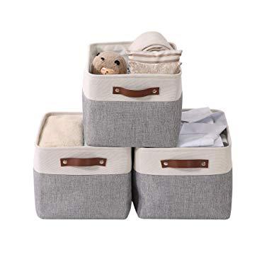 DECOMOMO Large Foldable Storage Bin [3-Pack] Collapsible Sturdy Cationic Fabric Storage Basket Cube W/Handles for Organizing Shelf Nursery Home Closet & Office - Grey & White 15 x 11 x 9.5