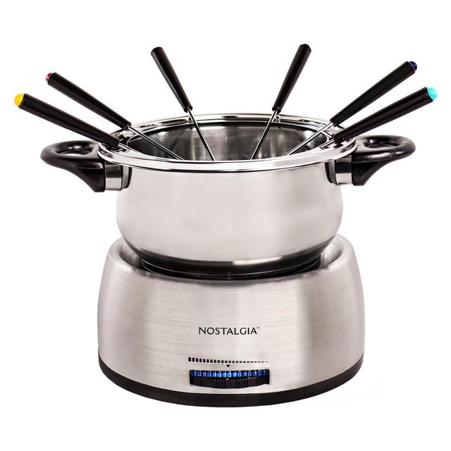 Nostalgia 6-Cup Electric Fondue Pot with Temperature Control, 6 Color-Coded Forks and Removable Pot, Stainless Steel
