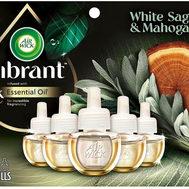 Air Wick Plug in Scented Oil Refill, 5ct, White Sage & Mahogany, Air Freshener, Essential Oils