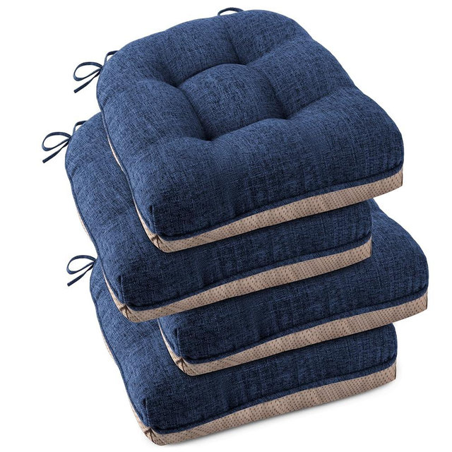 OVOV Indoor Chair Cushions for Dining Chairs Set of 4 18x18 Chair Cushion with Ties and Non-Slip Backing Tufted Thick Kitchen Chair Pads Made of Breathable Faux Linen Fabric (Blue)