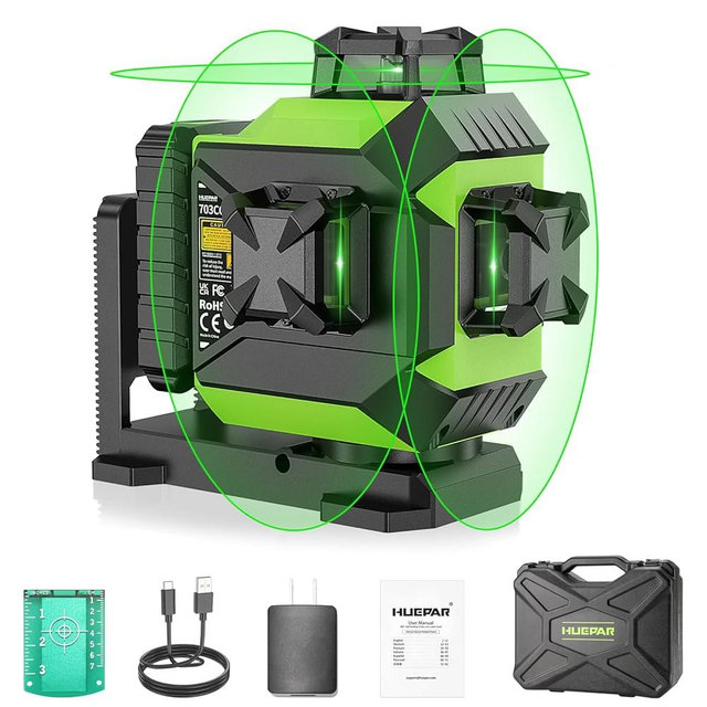 Huepar Laser Level 3 x 360 Self-Leveling Cross Line Laser 3D Green Laser Level with Pulse Mode Alignment Laser Tool with Rechargeable Li-ion Battery, Integrated Magnetic Bracket, Hard Carry Case 703CG