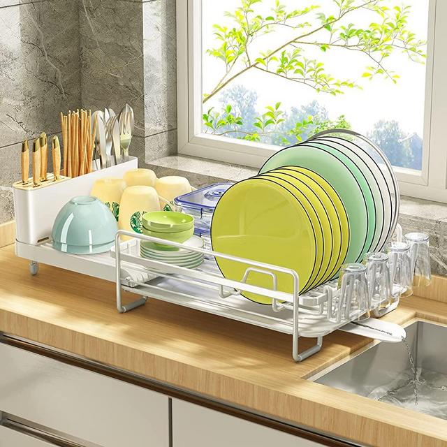 Dish Drying Rack, PXRACK Expandable(19.1"-26.9") Large Capacity Dish Rack and Drainboard Set, Stainless Steel Dish Drainers with Utensil Holder for Kitchen Counter, White