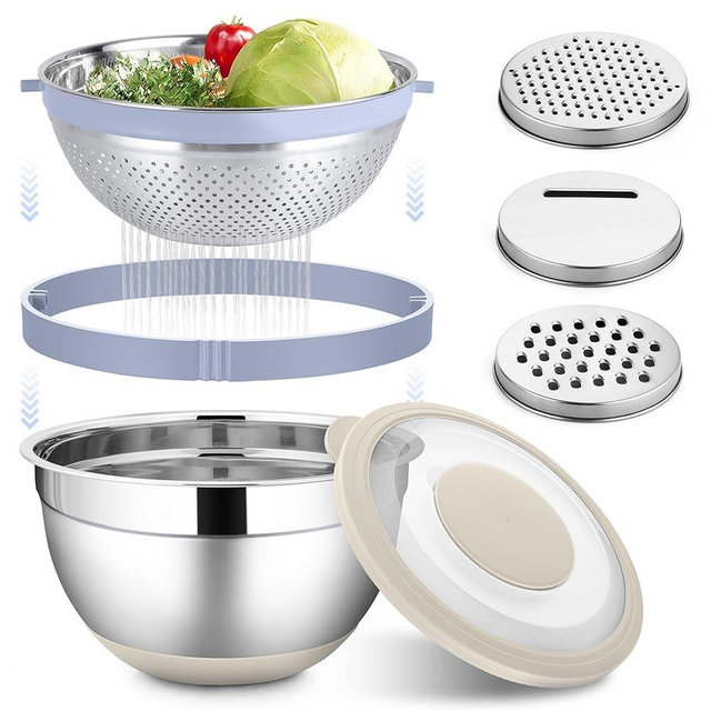 HaWare Mixing Bowl with Colander, 4-1 Stainless Steel Bowl Set with Lids & 3 Pcs Nesting Graters, Rotatable Food Strainer for Rinsing Fruits Vegetables, Non-Slip Bottom, Khaki