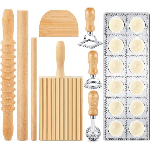 Tioncy 9 Pcs Pasta Making Tool Set Include 1 Ravioli Maker Press 1 Wooden Pasta Cutter 1 Ravioli Rolling Pin 1 Gnocchi Board 1 Wood Stick 1 Dough Scraper 3 Pasta Stamps for Pasta Maker (Simple Style)