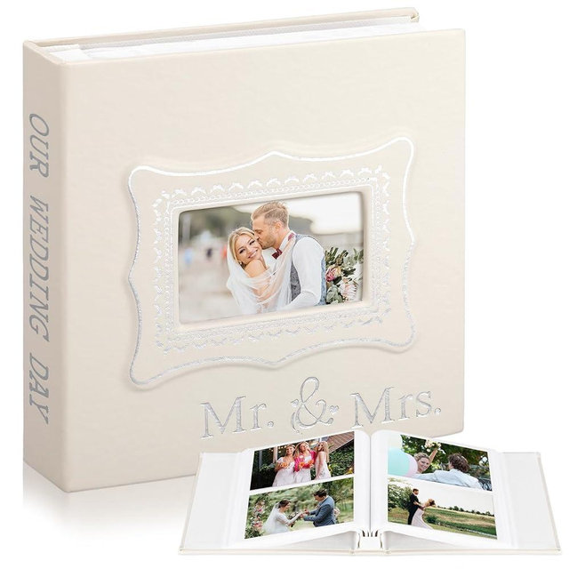 Dunzoom Mr & Mrs Photo Album 200 Pcs 4x6 Inch Leather Wedding Anniversary Album with Front Window Double Heart Design Couple Gifts