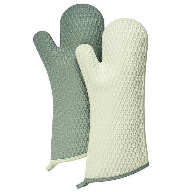 Cartman Silicone Oven Mitts and Pot Holders Sets, Heat and Slip Resistant，Waterproof, Long Flexible Thick Gloves for Cooking, Kitchen Mitt Potholders, Mint and Eucalyptus Color