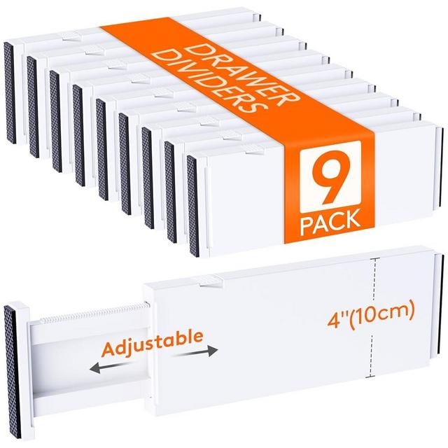 Lifewit 9 Pack Drawer Dividers 4" High, 11-17" Adjustable Drawer Organizers for Clothes, Expandable Dresser Separators in Bedroom/Bathroom/Kitchen/Fridge/Office Organization and Storage, White