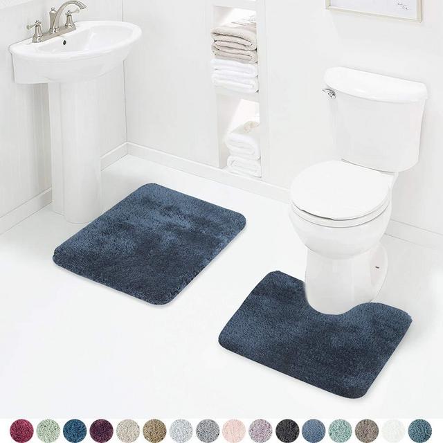 Walensee Shaggy 2 Piece Bath Rug Sets (Navy Blue) 20 x 24 U Shape Contour Rug & 20 x 32 Bathroom Rug Machine Wash/Dry Bath Mats for Bathroom Plush Absorbent Bathroom Rugs and Mats Set Non Slip