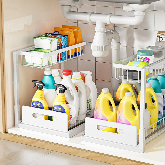 VUSIGN Under Kitchen Sink Organizer 2 Tier, Pull Out Bathroom Sink Organizers and Storage, Cabinet Kitchen Bathroom Storage Organization Shelf, 2 Pack White