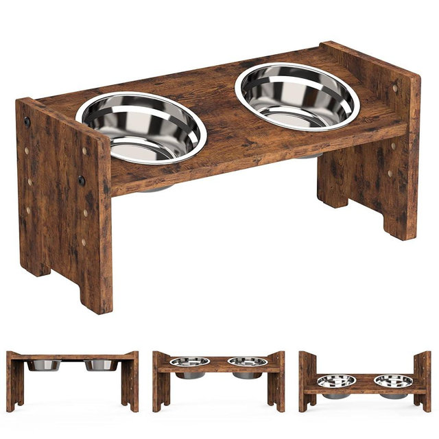 Vantic Elevated Dog Bowls, Adjustable Raised Dog Bowl Stand for Small Puppy and Cats, Sturdy Pet Food Feeder with 2 Stainless Steel Dishes, Rustic Brown