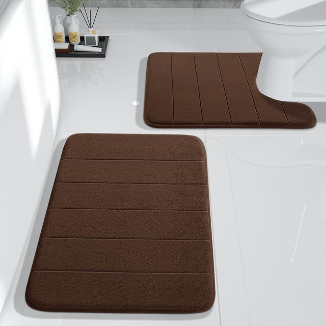 Yimobra U-Shaped Toilet Bath Mat Set 2 Piece - Super Soft Absorbent Quick Dry Memory Foam Bathroom Rugs, Machine Washable Non Slip Floor Carpet for Tub Shower & Single Sink (17x24 & 24x20, Brown)