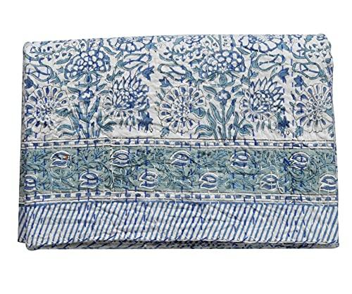 YUVANCRAFTS Indian Hand Block Print Kantha Quilt Cotton Throw Blanket Bedspread Queen Size (White, Twin 90 X 60 Inch)