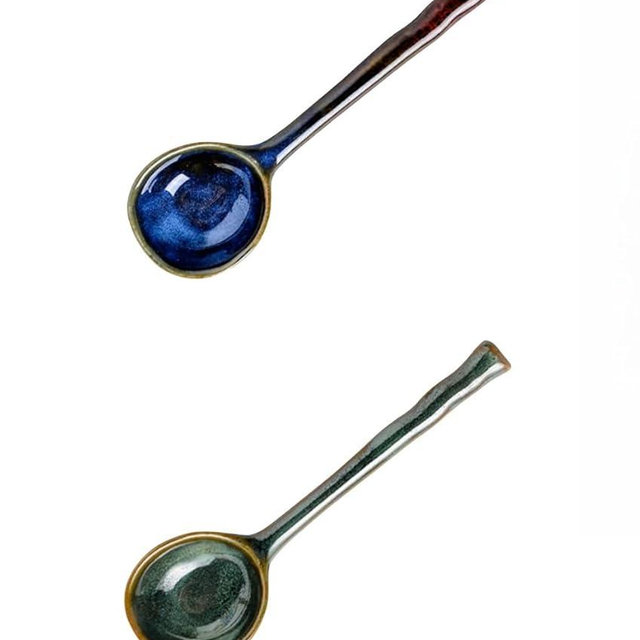 2 PCS (3 styles available) of couple ceramic spoon, suitable for afternoon tea and coffee stirring,dessert spoons, handcrafted ceramic soup spoon, size 6.6 * 1.9 in (17 * 5 cm) (solid colors)