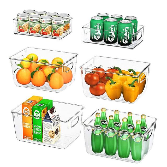 Huolewa Set Of 6 Clear Pantry Organizer Bins, 4 Large and 2 Small Refrigerator Storage Bins with Handles for Fridge, Freezer, Cabinet, Kitchen, Bathrooms, Bedrooms, BPA-Free