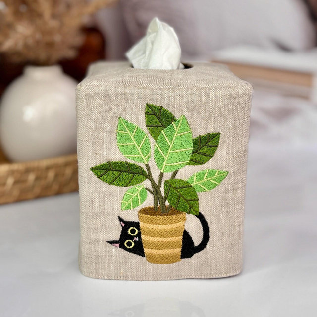 Embroidered Black Cat Linen Tissue Box Cover – Plant Lover Home Decor