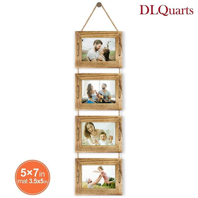DLQuarts Collage Hanging Picture Photo Frame 5x7, 4-Frame Set On Hanging Rope, 3.5x5 with Mat or 5x7 Without Mat, Rustic Solid Wood Photo Frame Carbonized Black