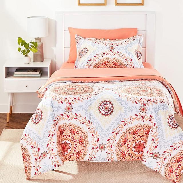 Amazon Basics Lightweight Microfiber Bed-in-a-Bag Comforter 5-Piece Bedding Set, Twin/Twin XL, Coral Medallion, Printed