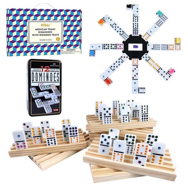 Offelec Mexican Train Dominoes Set, 91 Tiles Double 12 Game with 8 Wooden Racks/Trays, Tin Box, and Colorful Trains, Classic Domino Set, Perfect for Kids, Adults, and Families (D12 + 8 Holders)