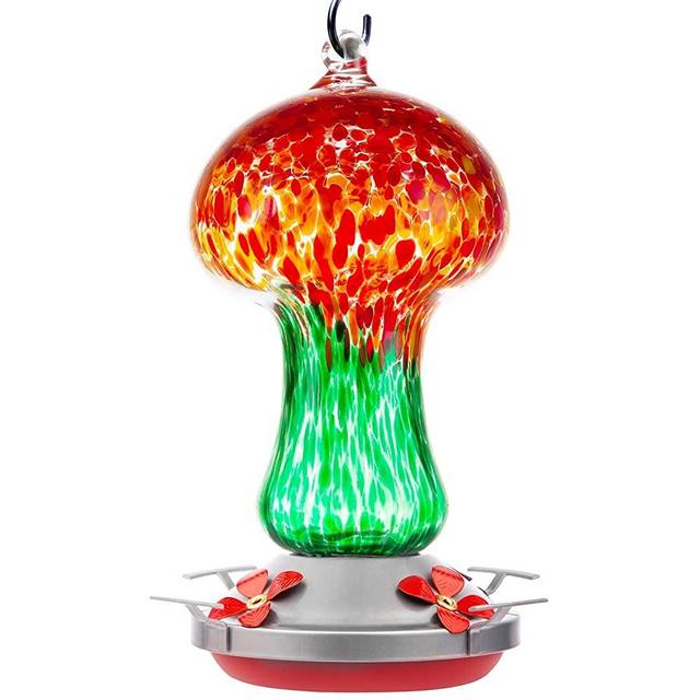 LaElvish Garden Hummingbird Feeders for Outdoors, Hand Blown Glass Hummingbird Feeder for Outside, 4 Feeding Perch, with Ant Moat, Hanging Hook, Leakproof 28 Ounces (Forest Sunrise Mushroom)