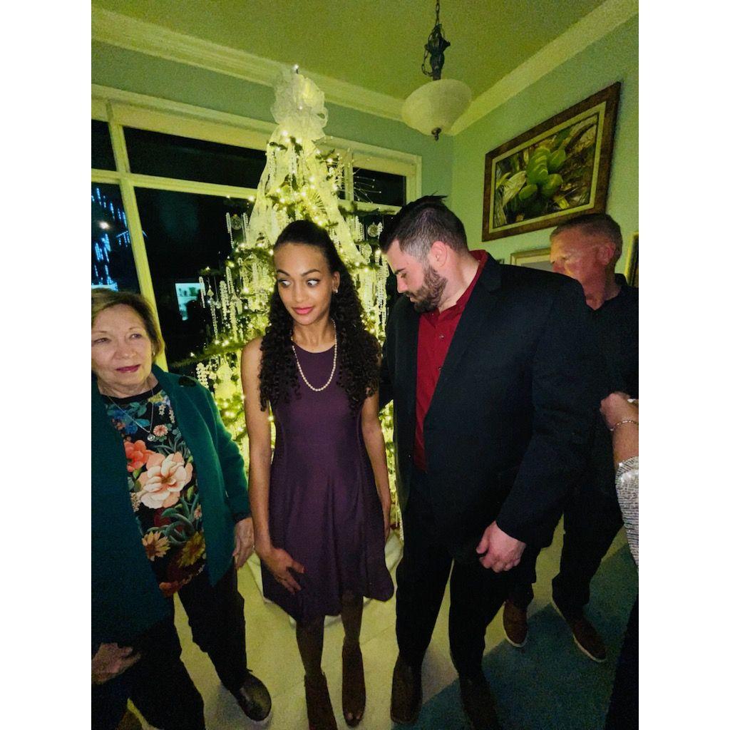 Martina backed up too far into the Christmas tree and nearly knocked it over. The photo snapped just in time to catch their reactions!