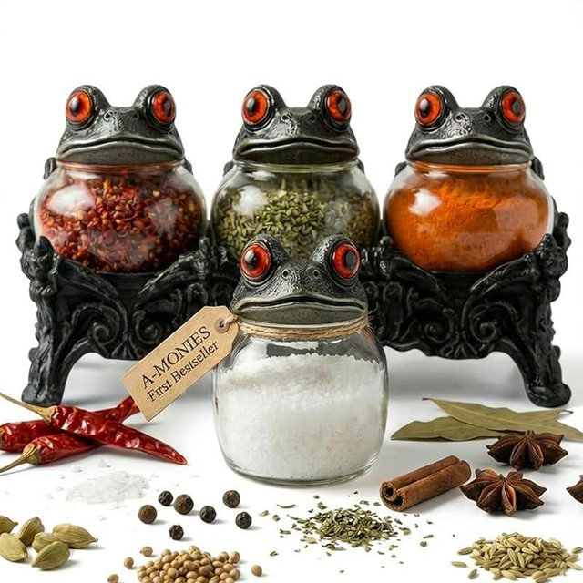 A-MONIES Witchy Frog Apothecary Spice Jars Set, Glass Vintage Gothic Decorative Kitchen Storage Containers with Whimsical Frog Lids, Seasoning Shakers, Three Piece Unique Gift (Frog)