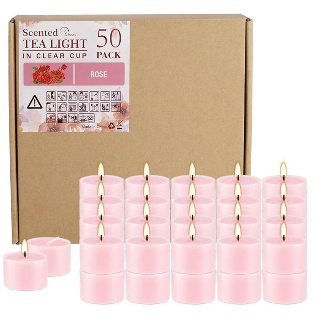 Wfmolcand Rose Scented Candle Tealight Candles in Clear Cup, 8 Hours Consistent Smkless Clean Burning, Great for Valentine's Day Holiday, Wedding, Spa, Emergency and Home Decoration（Pink，50 Pack）