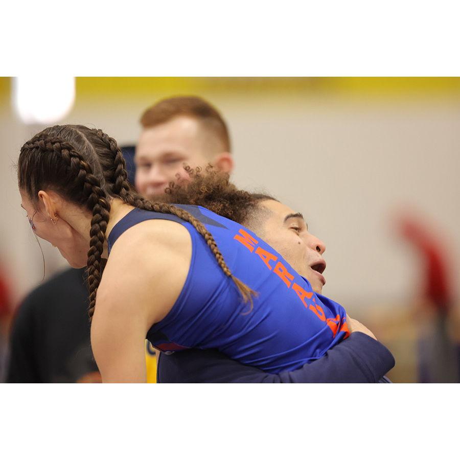 Celebrating a win at the conference meet...