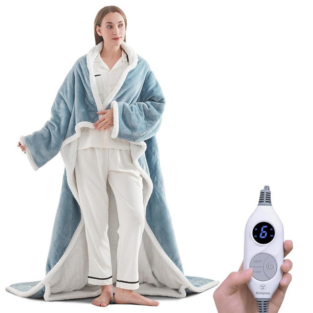 Westinghouse Electric Snuggle Throw Blankets with Foot Pocket, Wearable Heated Blanket with Sleeves, 6 Heating Levels & 2 to 10 Hours Heating Time Settings, 50 * 70"+18", Light Blue