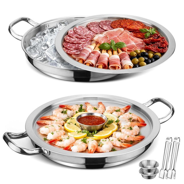 2-Set 12 Inch Shrimp Cocktail Serving Dish with Ice Tray, Cold Chilled Serving Trays, Cooling Platter Charcuterie Board for Appetizer Oyster Salad Buffet Parties, Dishwasher Safe, Stainless Steel