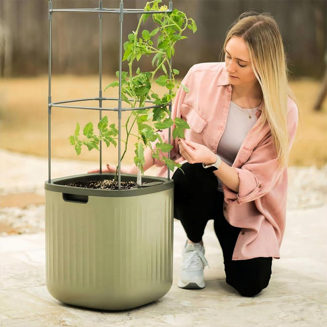 Vego garden Planters for Outdoor & Indoor Plants, Large Plant Pots with Self Watering, 15" Tall Large Plant Pots with Trellis for Flowers Plants Decor, Sage Green