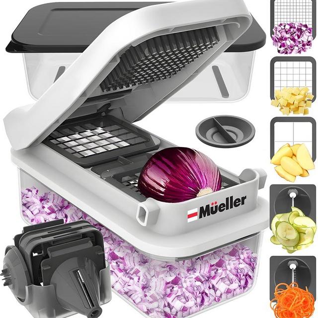Mueller Pro-Series V Blade Vegetable Chopper, Egg Slicer, Spiralizer, Dicer, Food Chopper Veggie Fruit Cutter, French Fry Cutter, Kitchen Gadgets 2024 with Food Container White Sand/Grey