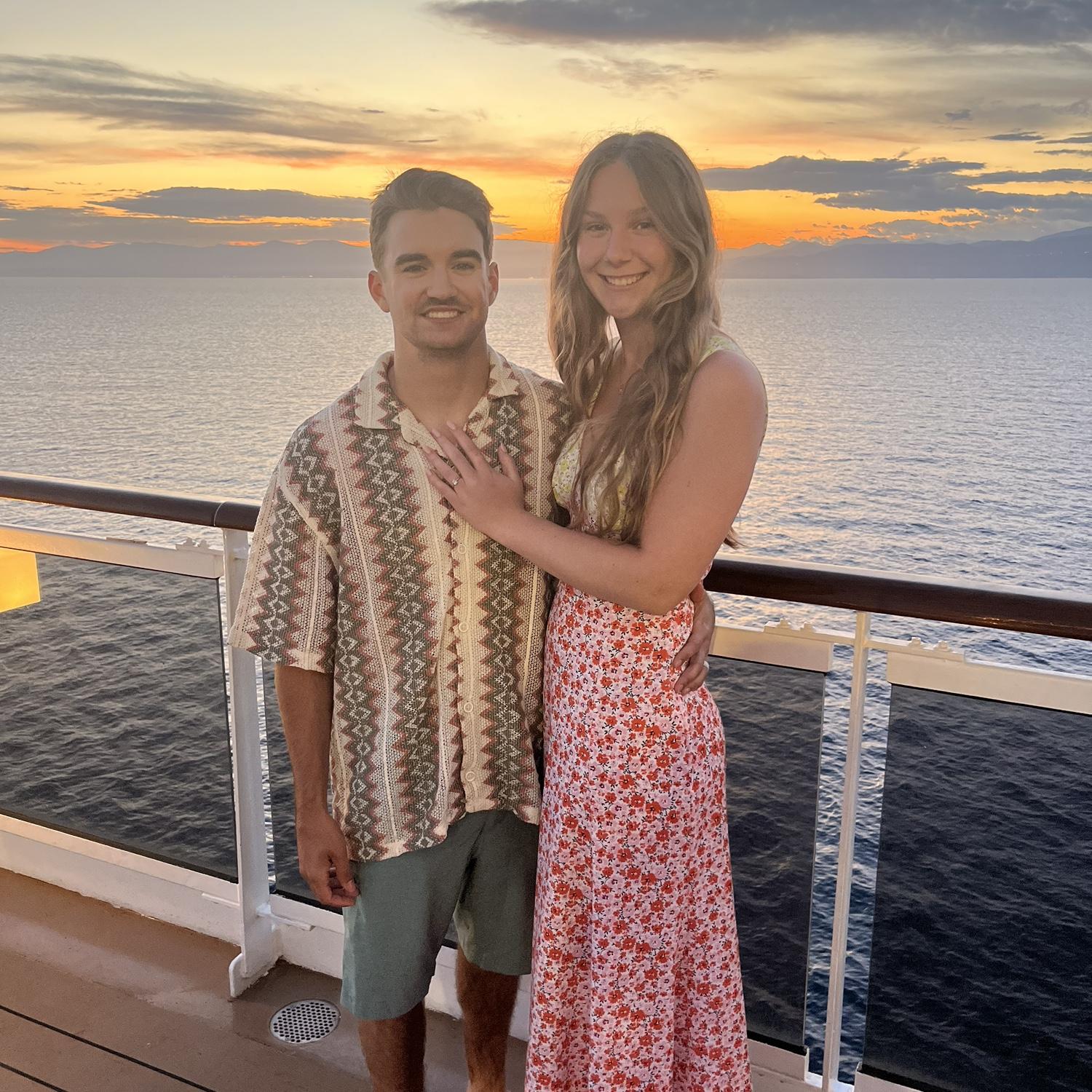 On the cruise ship at sunset on our engagement day!!