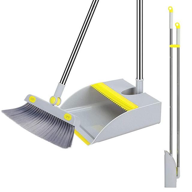 Broom and Dustpan Set, Broom with Standing Dustpan Upright Combo Set with 52" Long Handle and 360°Rotation Kitchen Broom Head for Sweeping Indoor Office Cleaning