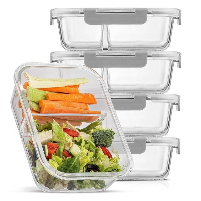 JoyJolt Divided Food Storage Containers with Lids Airtight. 5 Pack Glass Meal Prep Containers 2 Compartment Set Glass Bento Box. Reusable Food Containers, Portion Control Containers for Weight Loss