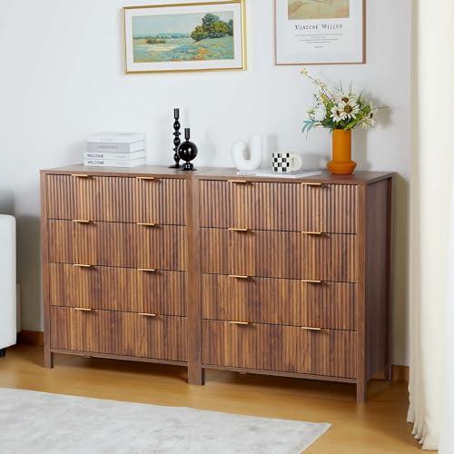 wirrytor 8 Drawer Double Dresser for Bedroom, Modern Wide Chest of Drawers with Waveform Fluted Panel Design, Wood Storage Dresser Chest of Drawers for Bedroom Living Room Hallway Closet, Walnut