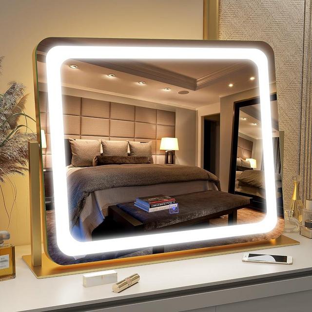 FENNIO Gold Vanity Mirror with Lights 22"x19", LED Lighted Makeup Mirror, Large Makeup Mirror, Make up Mirror with Lighting,Touch Screen with 3-Color Lighting,Dimmable,for Vanity Desk Tabletop