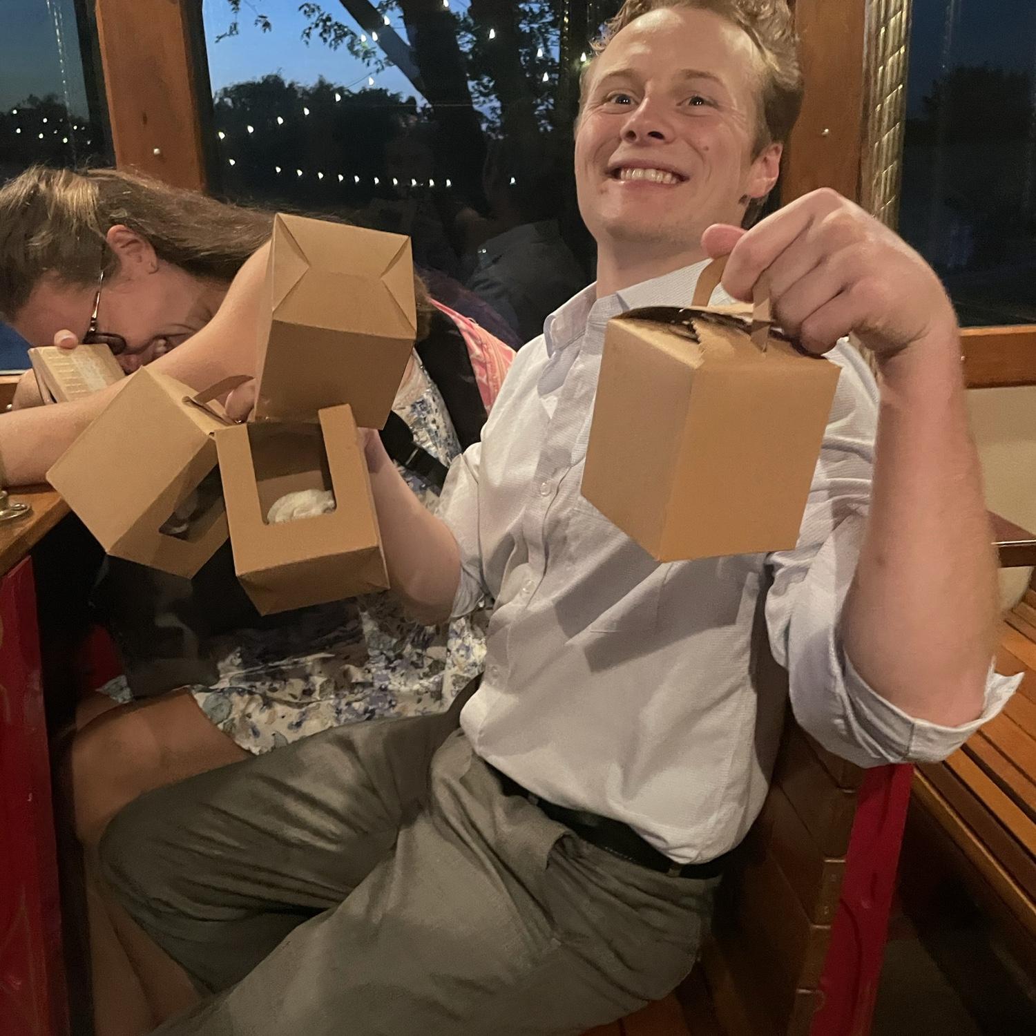 Sean was VERY proud at Kristen's cousin's wedding that he snagged some cup cakes before the trolly to the car left.