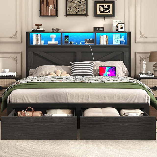 Incyneva Farmhouse Queen Bed Frame with Bookcase Storage Headboard, Charging Station, LED Lightand 2 Storage Drawers, Noise Free, No Box Spring Needed, Black