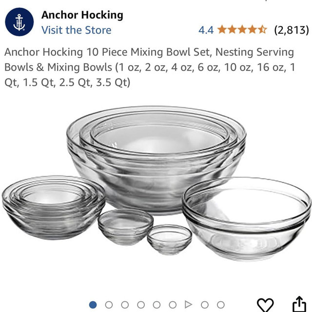 Anchor Hocking 10 Piece Mixing Bowl Set, Nesting Serving Bowls & Mixing Bowls (1 oz, 2 oz, 4 oz, 6 oz, 10 oz, 16 oz, 1 Qt, 1.5 Qt, 2.5 Qt, 3.5 Qt)