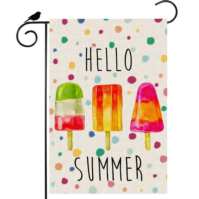 ZAEW Hello Summer Watercolor Colorful Cool Ice Cream Popsicle Summer Garden Flag Yard Flag 12x18 Inch Double Sided Small Mini Yard Outdoor Outside Holiday Decoration