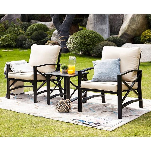 LOKATSE HOME 3 Piece Patio Conversation Set Outdoor Furniture with Coffee Table, Chair, Khaki