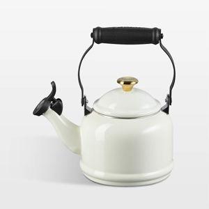 Le Creuset Demi 1.25-Qt. Cream with Gold Stovetop Whistling Tea Kettle + Reviews | Crate & Barrel