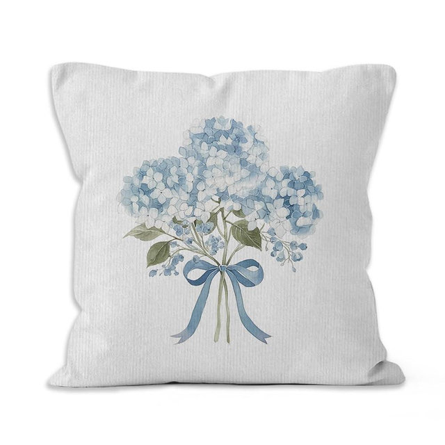 VRW Blue Hydrangea Floral Throw Pillow Covers 18x18, Blue Coquette Bow Flowers Bouquet Decorative Pillow Covers for Home Living Room Bedroom, Rustic Cottagecore Hydrangea Decor Accent Pillows Cover