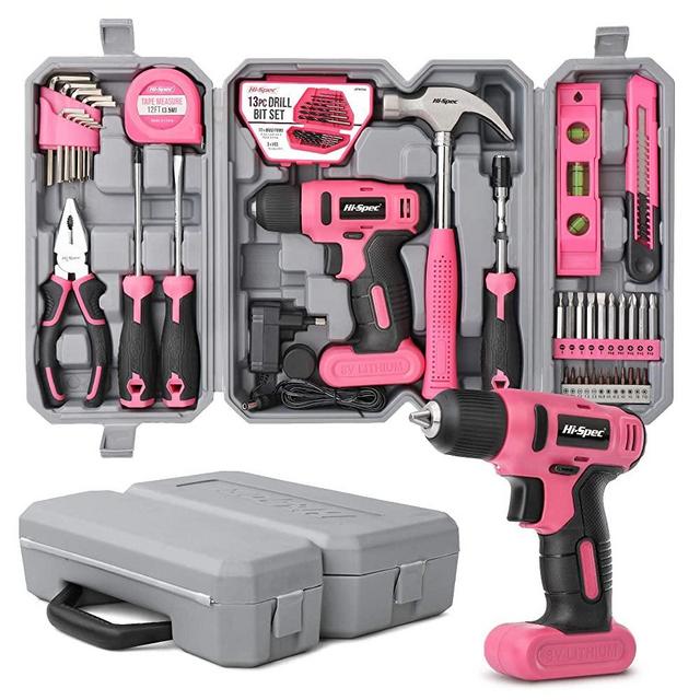 Hi-Spec 57 Piece Pink 8V Electric Power Drill Driver & Home DIY Tool Kit Set. Complete Hand Tools for Home & Office Repair. All in a Tool Box Case