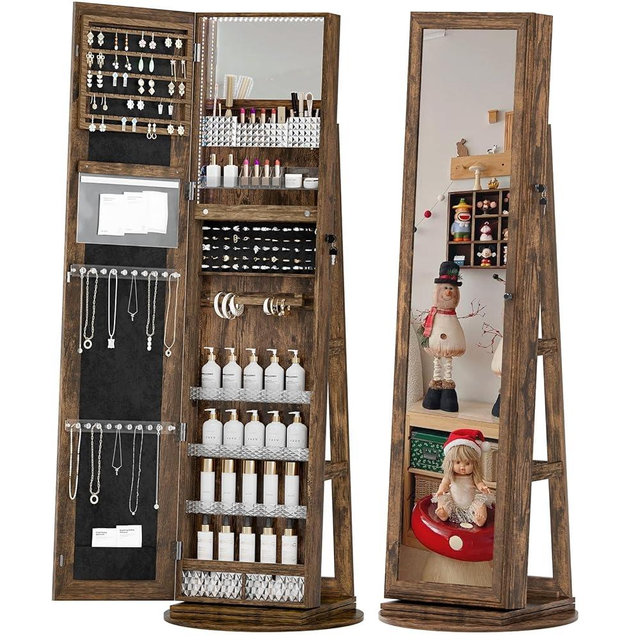 Jewelry Cabinet, Jewelry Organizer with Full Length Mirror, Interior Mirror with Adjustable LED Lights, 360° Swivel Lockable Standing Jewelry Armoire, Large Capacity, Interior Mirror, Rustic Brown