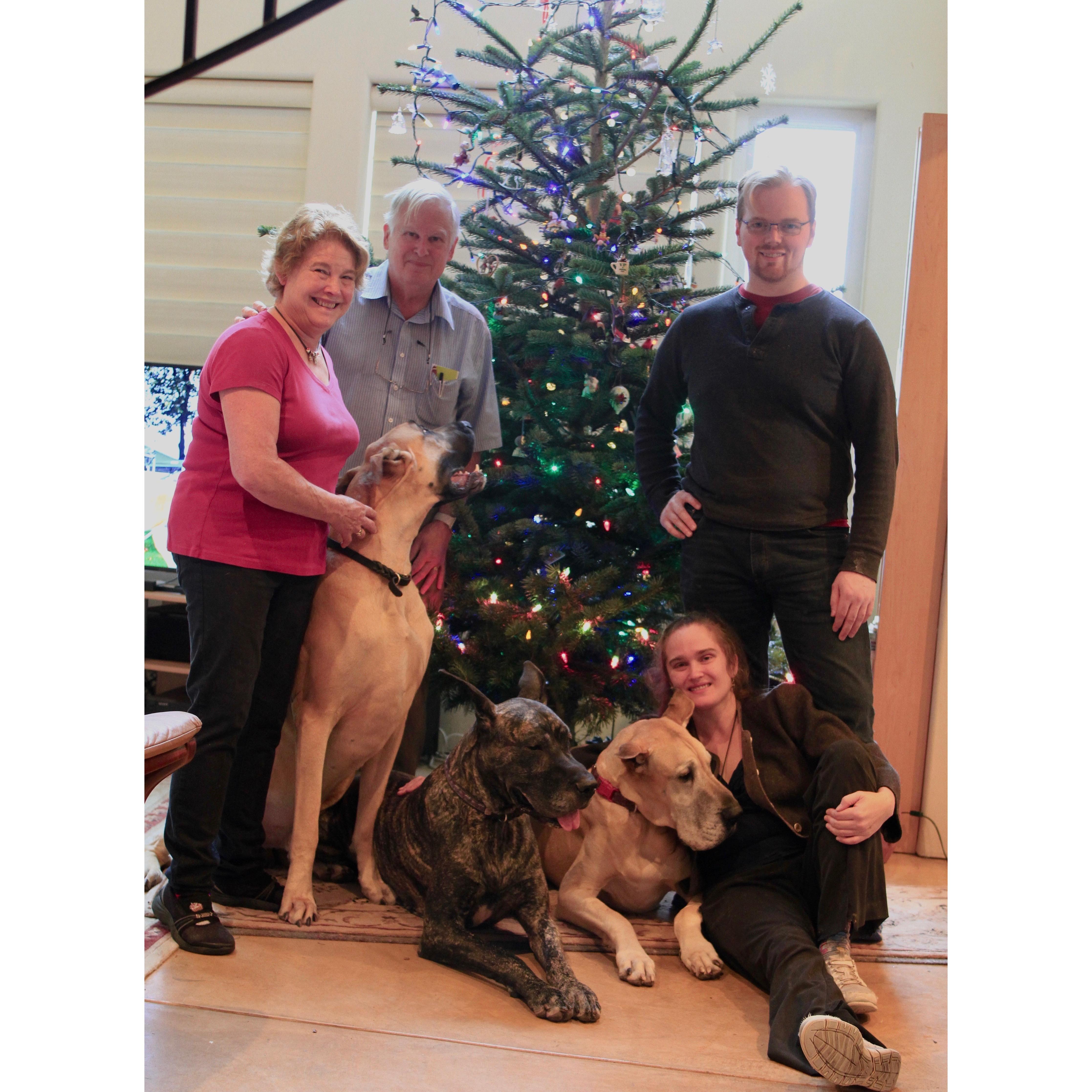 Our first Christmas together!  Our dogs plus Jessica's parents got to give us our first Christmas photo.